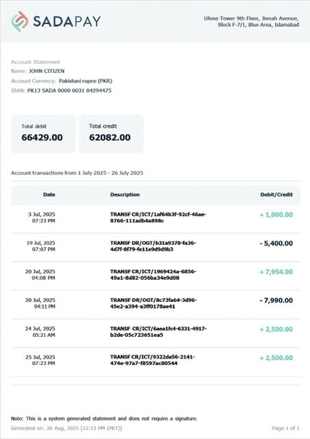 Pakistan SadaPay account statement Word and PDF template