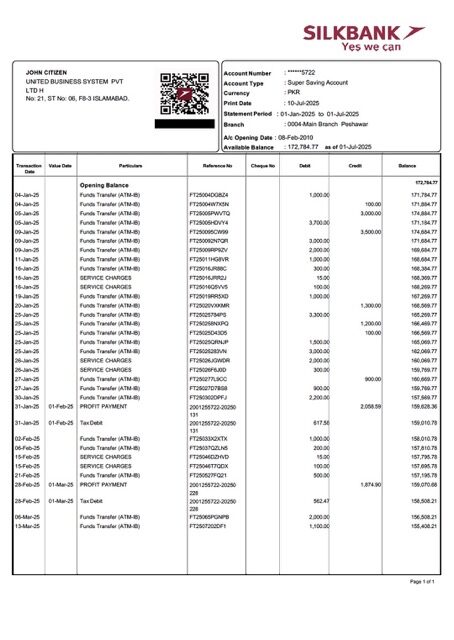Pakistan Silkbank account statement Word and PDF template