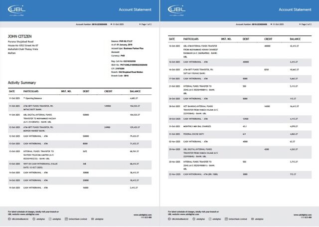 Pakistan United Bank Limited account statement Word and PDF template, 2 pages