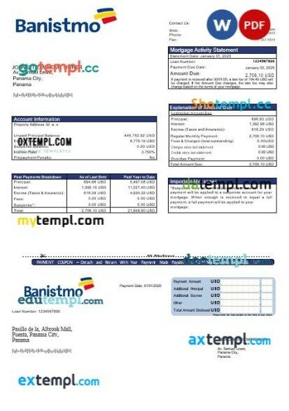 Panama Banistmo bank mortgage statement in Word and PDF formats