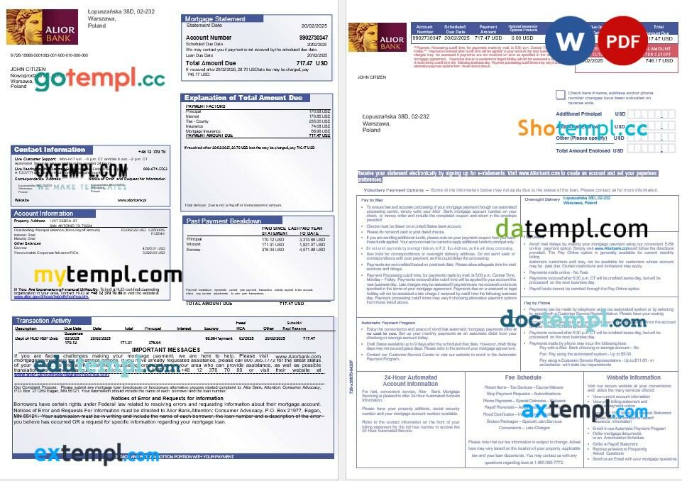 Poland Alior mortgage statement in Word and PDF formats
