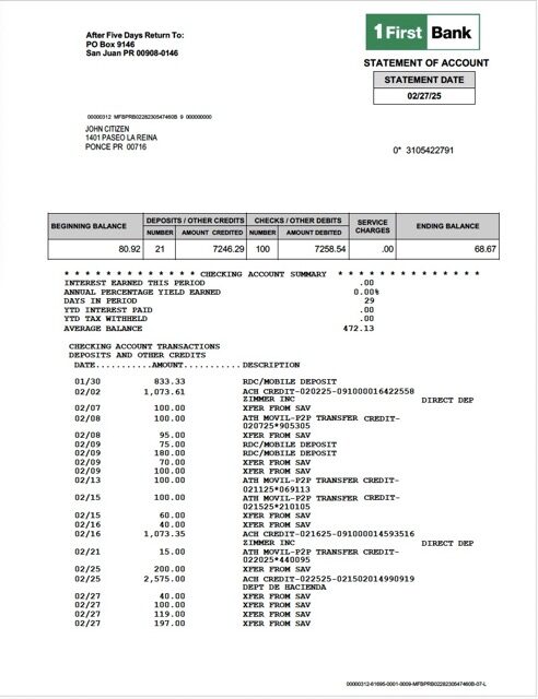 Puerto Rico 1 First Bank statement of account Word and PDF template