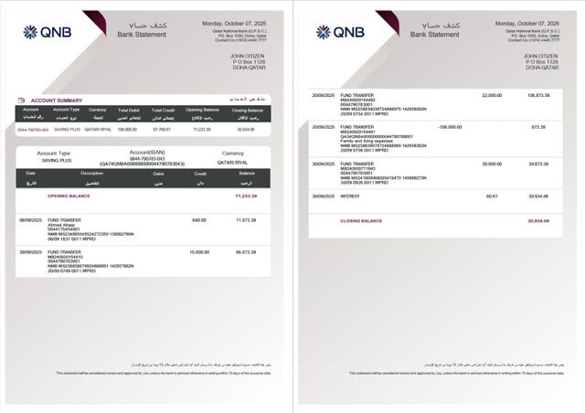 Qatar QNB Bank statement Word and PDF template, 2 pages
