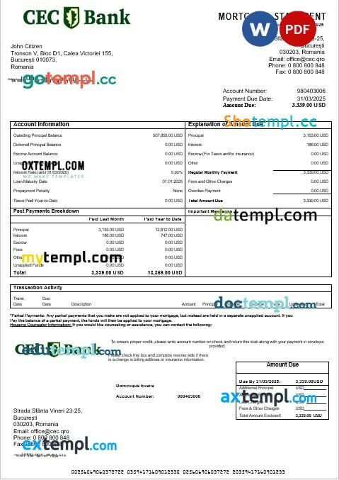 Romania CEC bank mortgage statement in Word and PDF formats