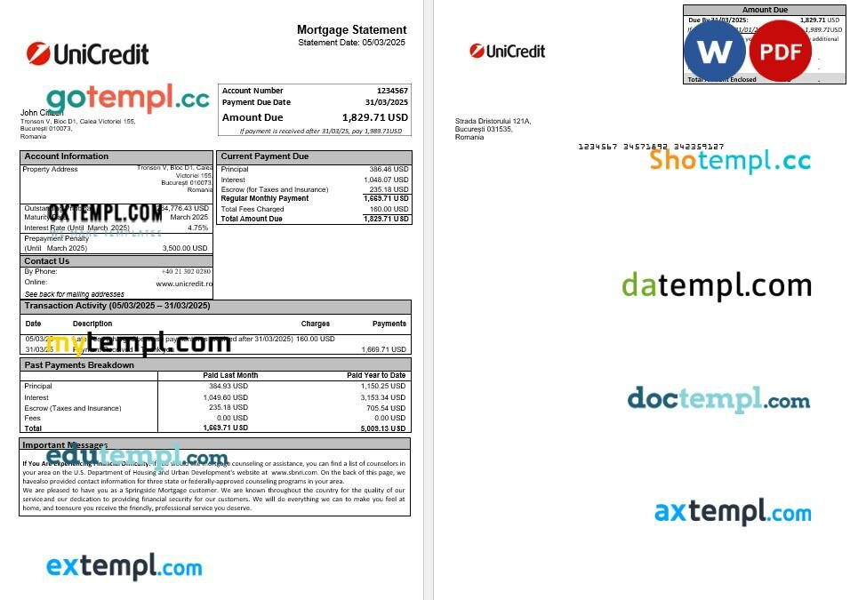 Romania Unicredit bank mortgage statement in Word and PDF formats