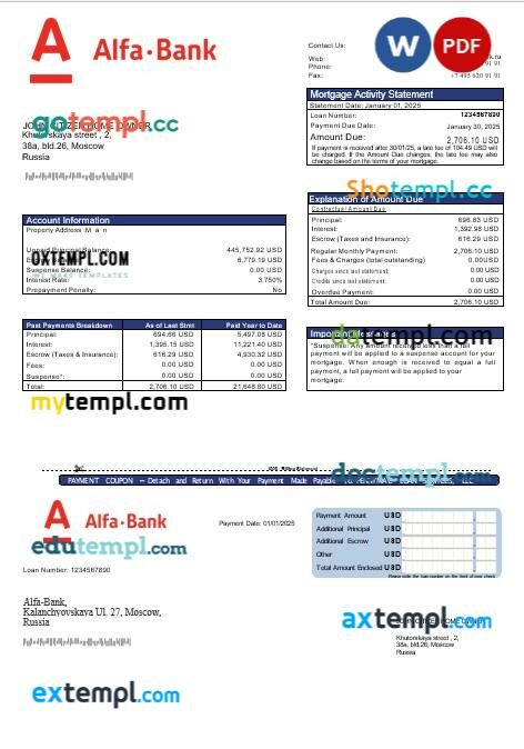 Russia Alfa bank mortgage statement in Word and PDF formats