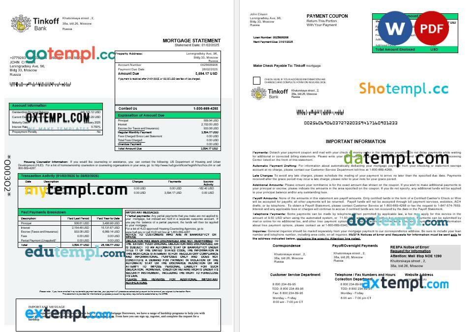 Russia Tinkoff mortgage statement in Word and PDF formats