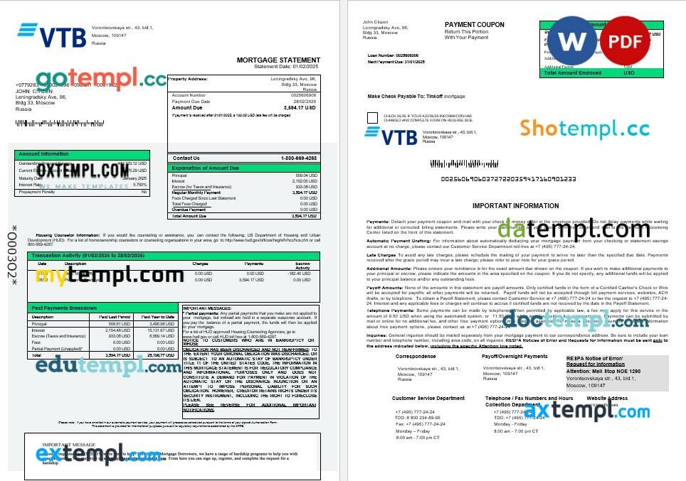 Russia VTB bank mortgage statement in Word and PDF formats