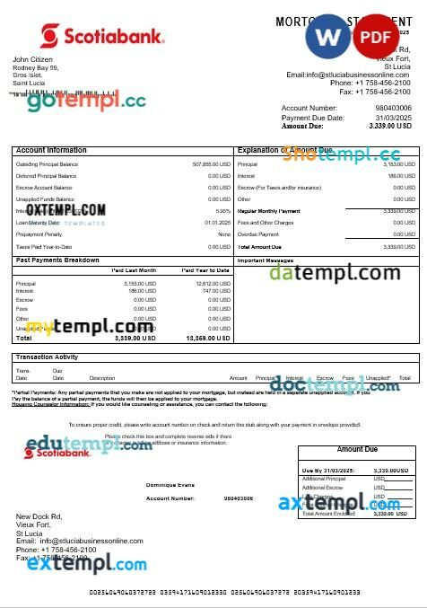 Saint Lucia Scotiabank mortgage statement in Word and PDF formats