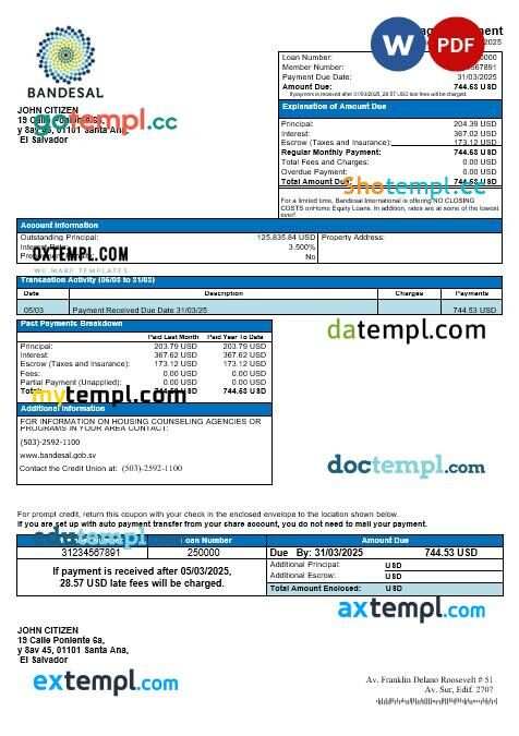 Salvador Bandesal bank mortgage statement in Word and PDF formats