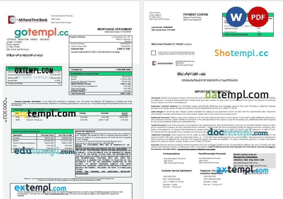Sao Tome and Principe Afriland First bank mortgage statement in Word and PDF formats