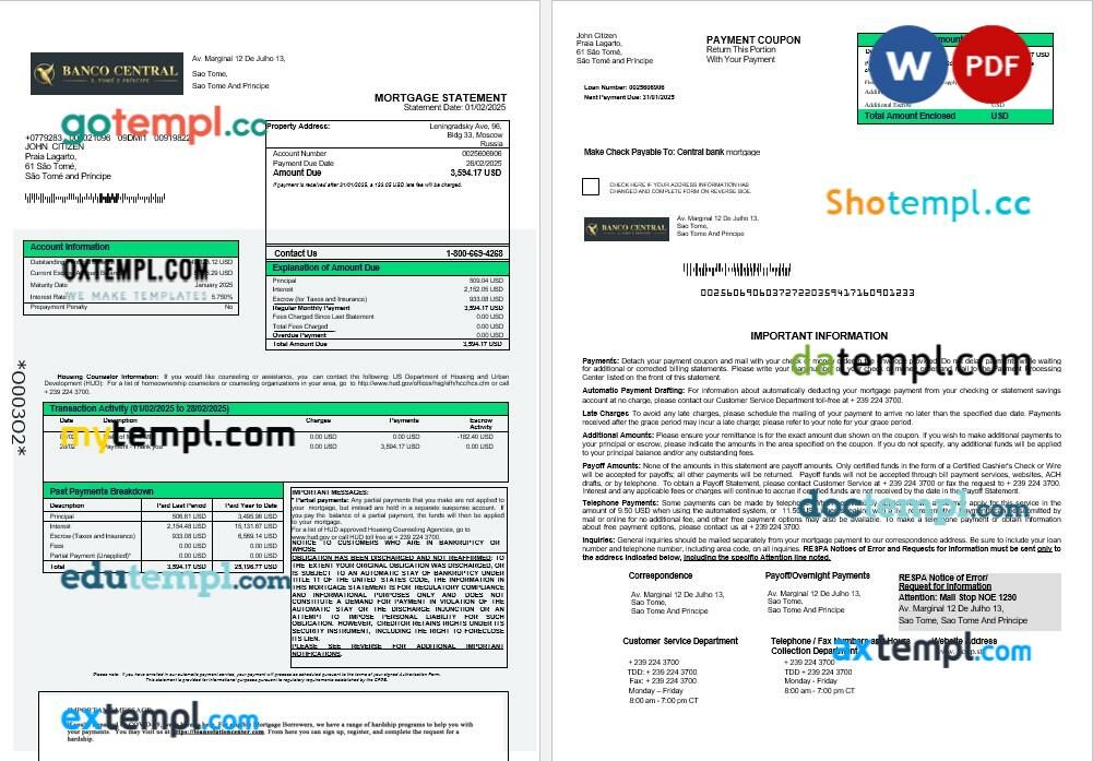 Sao Tome and Principe Banco Central de S.Tome e Principe mortgage statement in Word and PDF formats