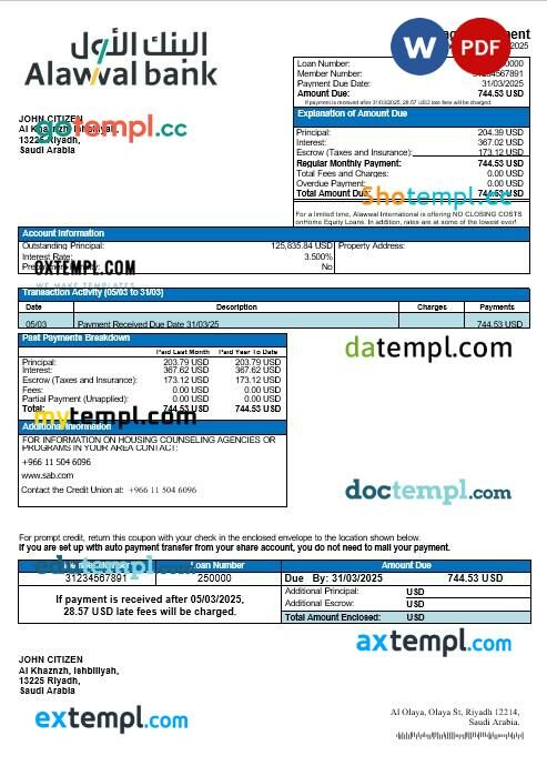 Saudi Arabia Alawwal bank mortgage statement in Word and PDF formats