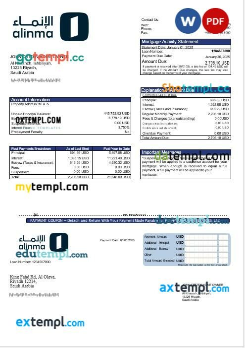 Saudi Arabia Alinma bank mortgage statement in Word and PDF formats