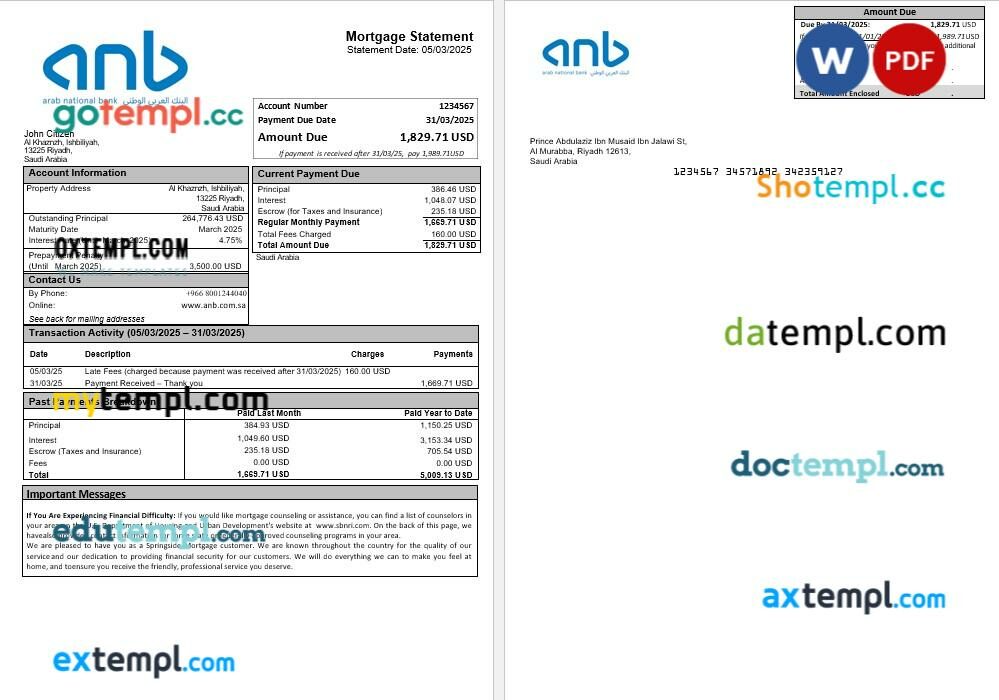 Saudi Arabia Arab National Bank ANB mortgage statement in Word and PDF formats