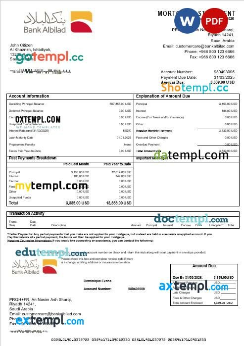 Saudi Arabia Bank Albilad mortgage statement in Word and PDF formats
