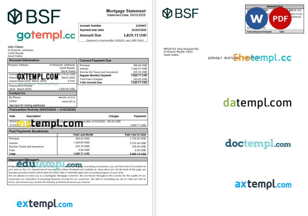 Saudi Arabia Banque Saudi Fransi mortgage statement in Word and PDF formats