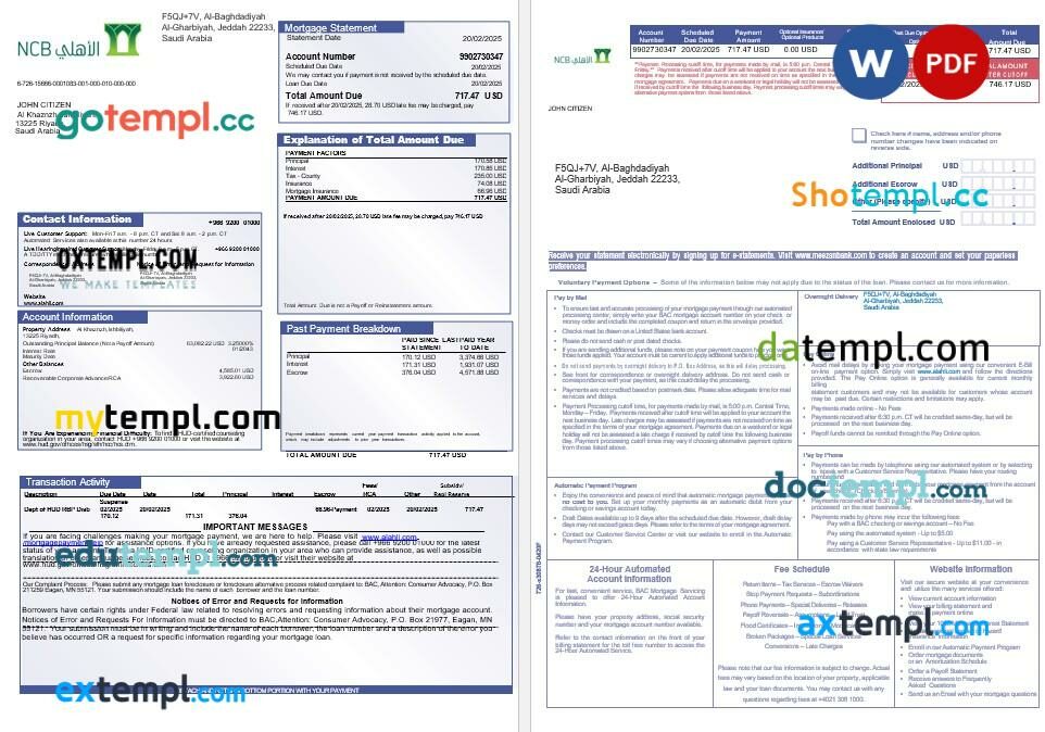 Saudi Arabia NCB bank mortgage statement in Word and PDF formats