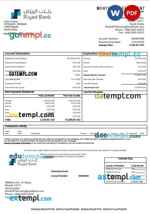 Saudi Arabia Riyad Bank mortgage statement in Word and PDF formats