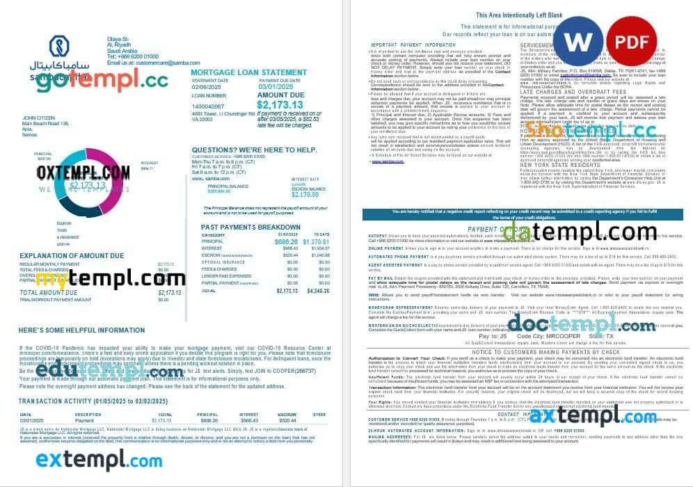 Saudi Arabia Samba bank mortgage statement in Word and PDF formats