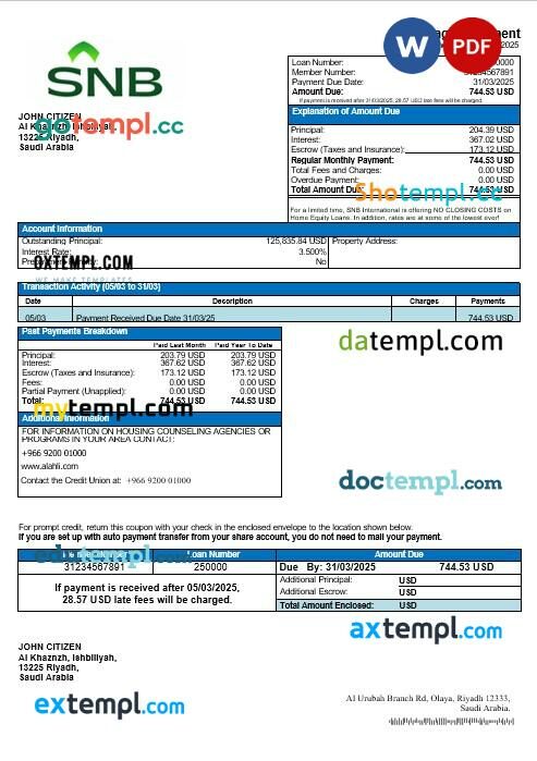 Saudi Arabia Saudi National Bank mortgage statement in Word and PDF formats