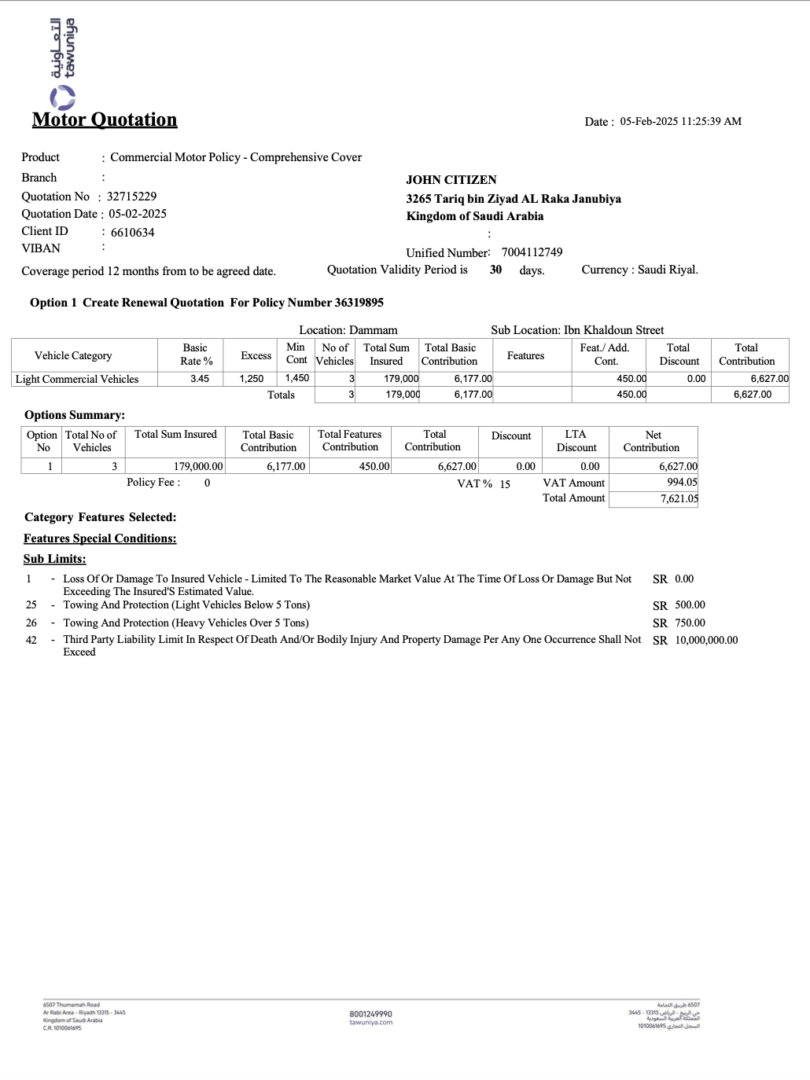 Saudi Arabia Tawuniya Insurance motor quotation Word and PDF template