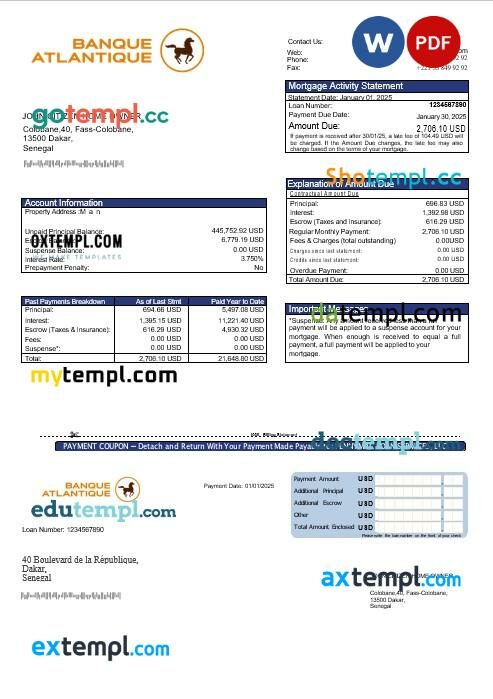 Senegal Banque Atlantique mortgage statement in Word and PDF formats