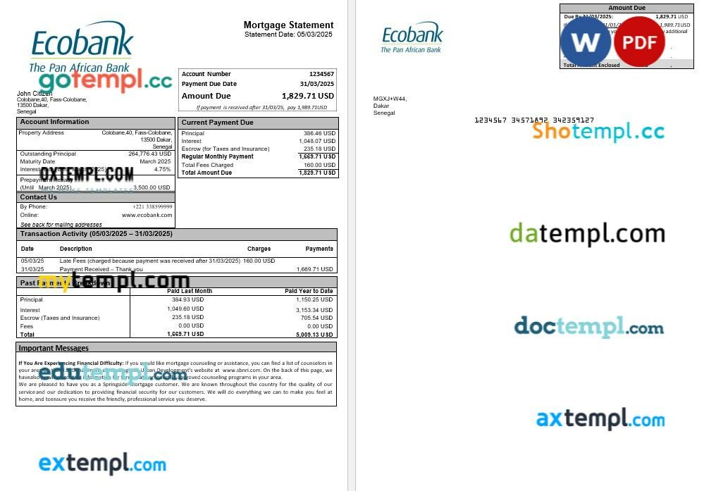 Senegal Ecobank mortgage statement in Word and PDF formats
