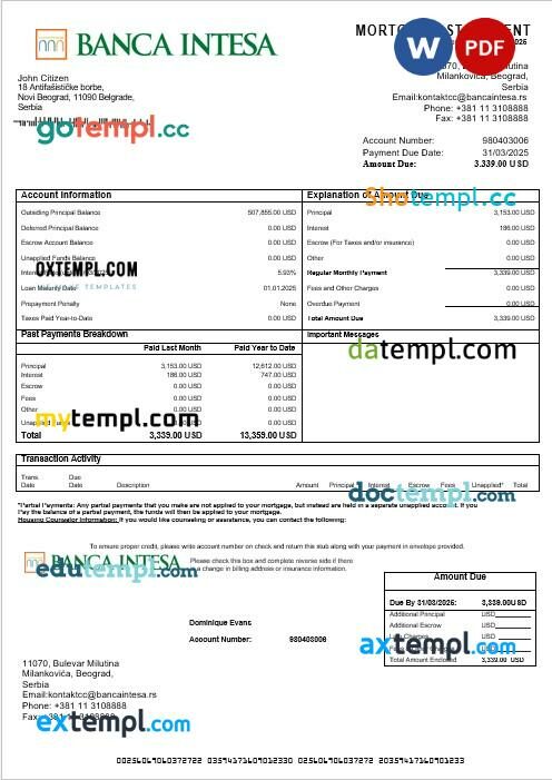 Serbia Banca Intesa mortgage statement in Word and PDF formats