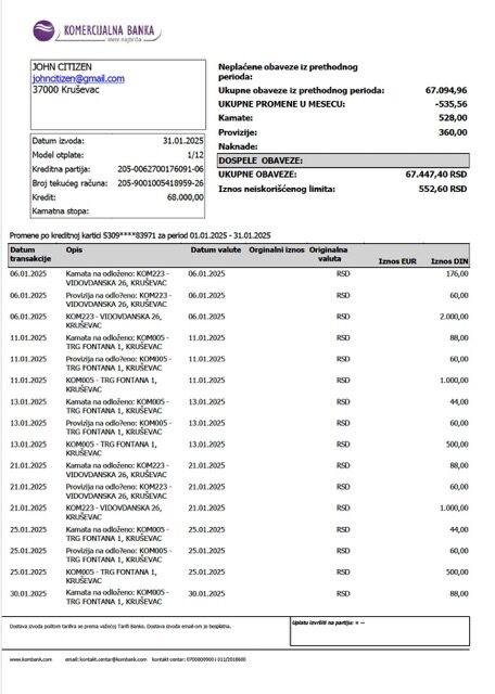 Serbia Komercijalna Banka account statement Word and PDF template