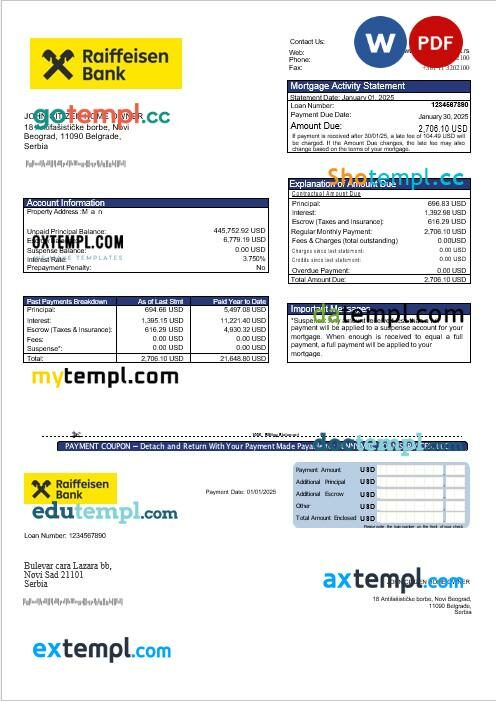Serbia Raiffeisen bank mortgage statement in Word and PDF formats