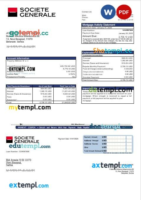 Serbia Societe Generale bank mortgage statement in Word and PDF formats