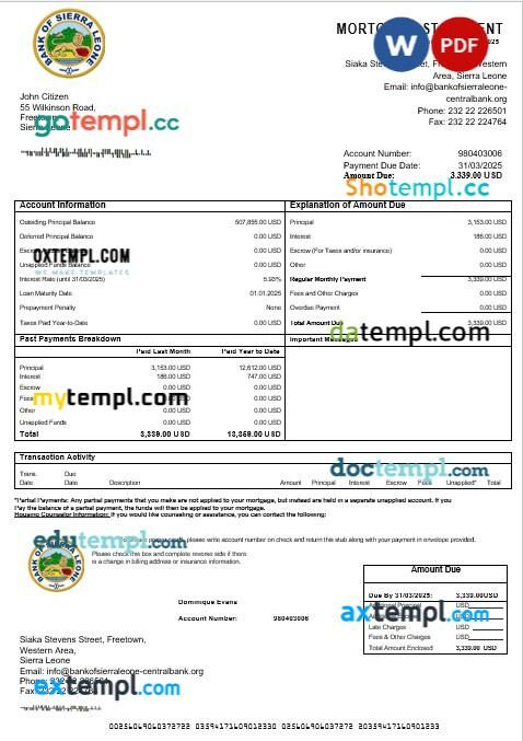 Sierra Leone Bank of Sierra Leone bank mortgage statement in Word and PDF formats