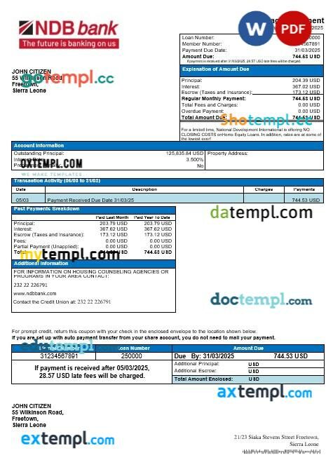 Sierra Leone National Development bank mortgage statement in Word and PDF formats