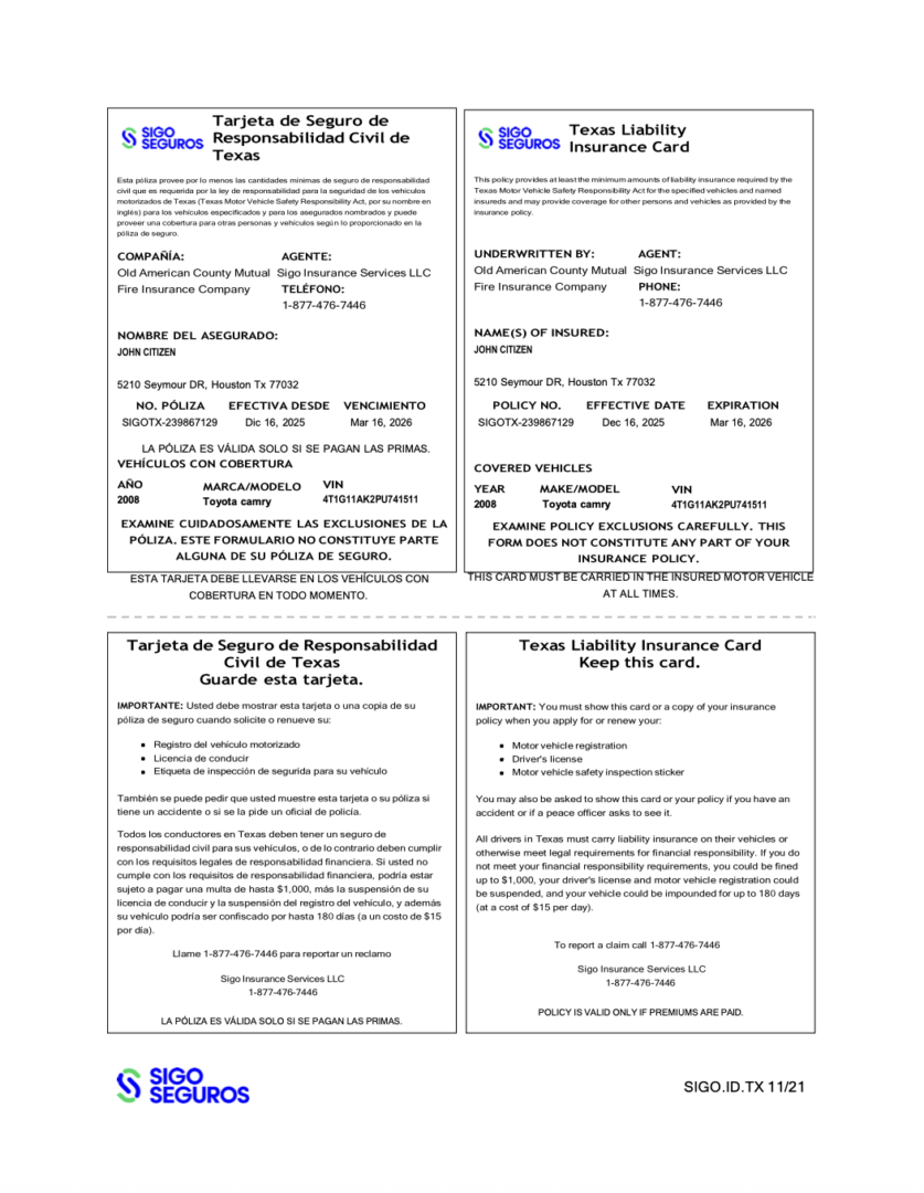 Sigo Seguros Texas Liability insurance card Word and PDF template