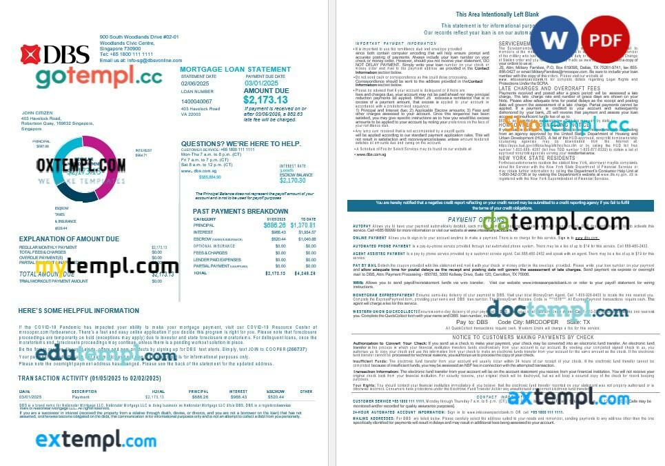 Singapore DBS bank bank mortgage statement in Word and PDF formats