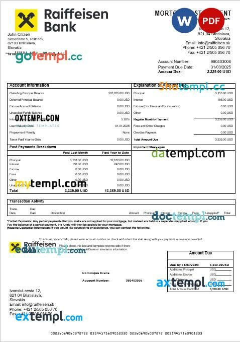 Slovakia Raiffeisen bank mortgage statement in Word and PDF formats