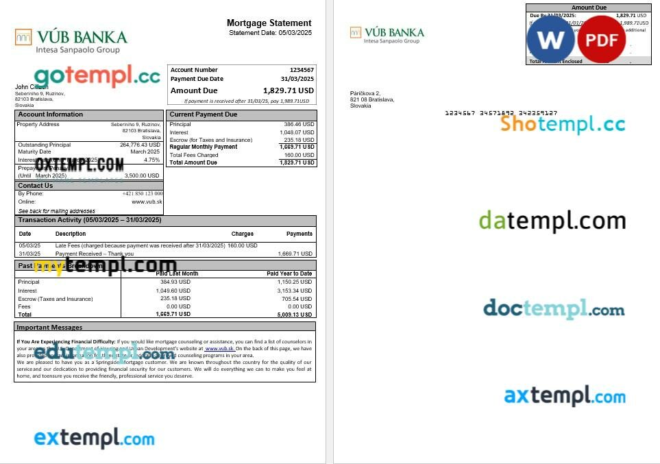 Slovakia VUB bank mortgage statement in Word and PDF formats