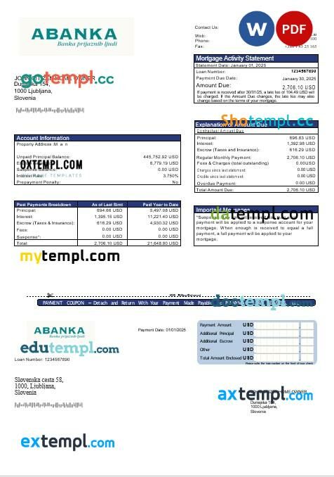 Slovenia Abanka bank mortgage statement in Word and PDF formats
