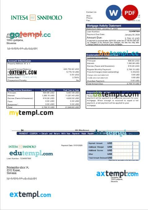 Slovenia Intesa Sanpaolo bank mortgage statement in Word and PDF formats