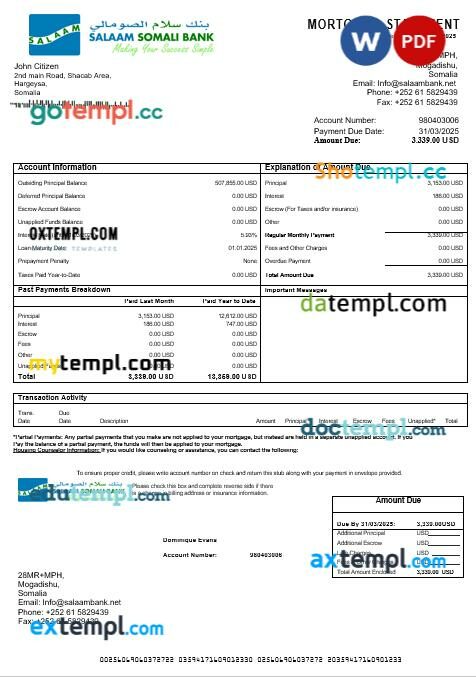 Somalia Salaam Somali bank mortgage statement in Word and PDF formats