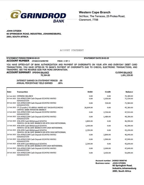 South Africa Grindrod Bank account statement Word and PDF template
