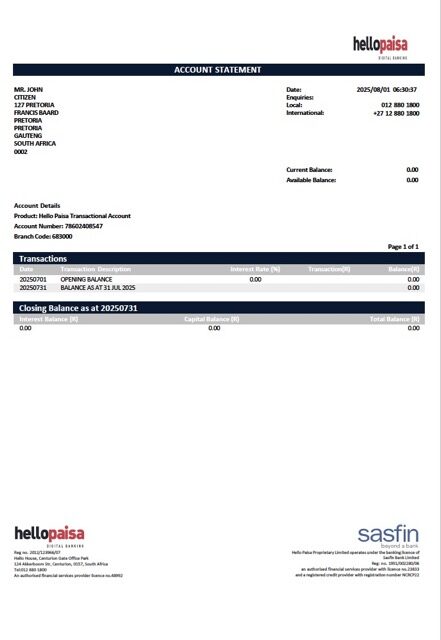 South Africa Hellopaisa account statement Word and PDF template