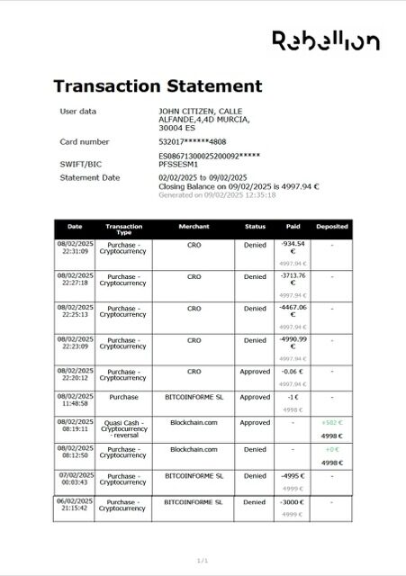 Spain Rebellion Pay transaction statement Word and PDF template