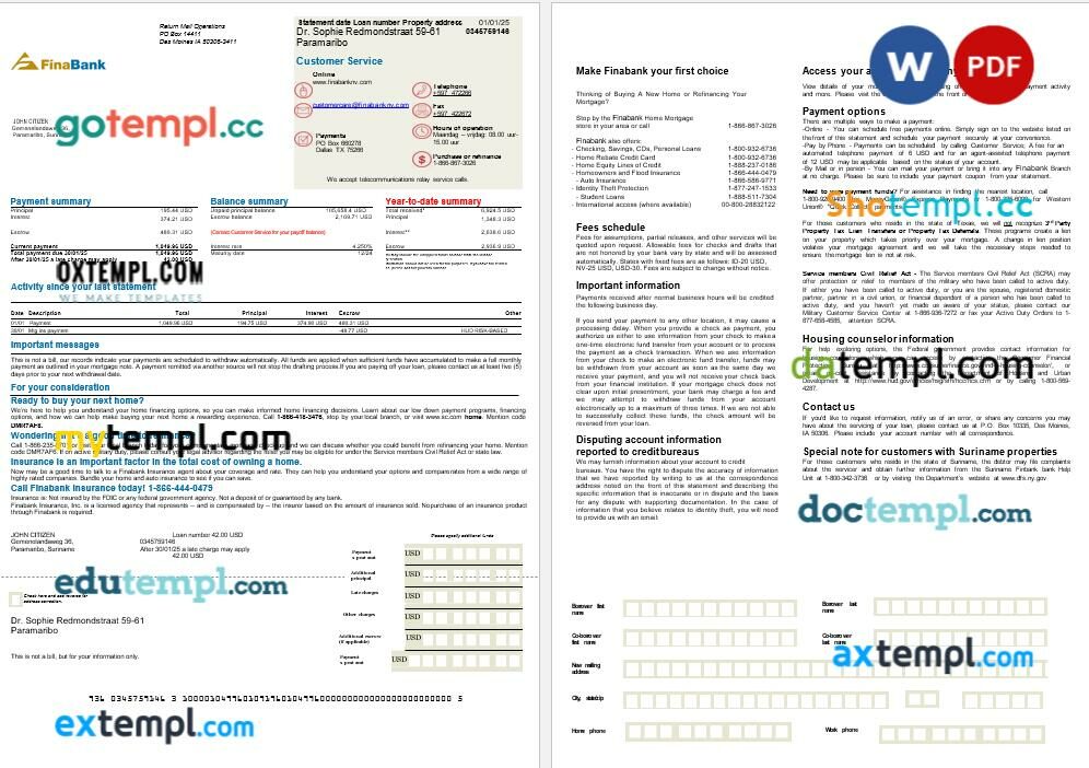Suriname Finabank bank mortgage statement in Word and PDF formats, 2 pages
