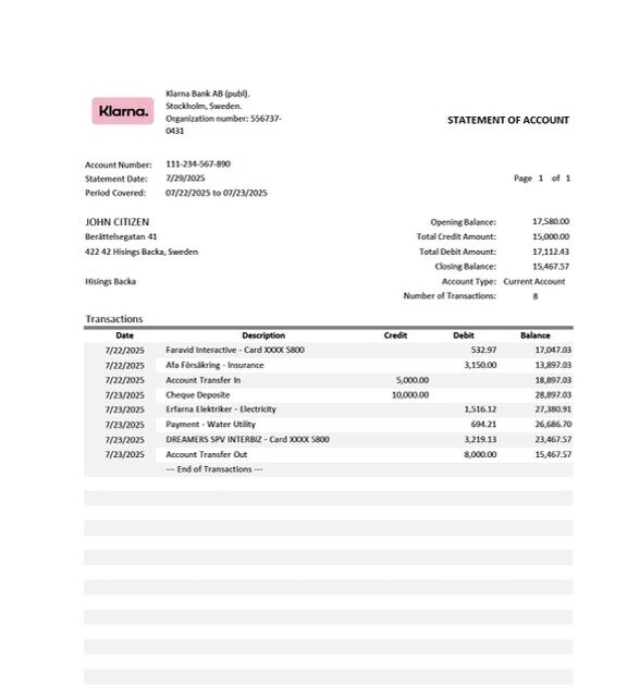 Sweden Klarna Bank statement of account Word and PDF template