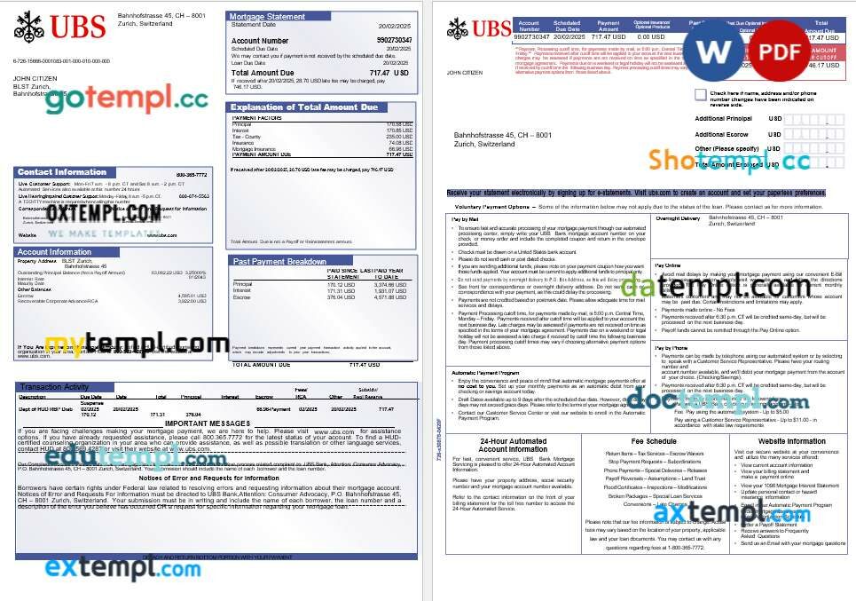 Swiss UBS bank mortgage statement in Word and PDF formats