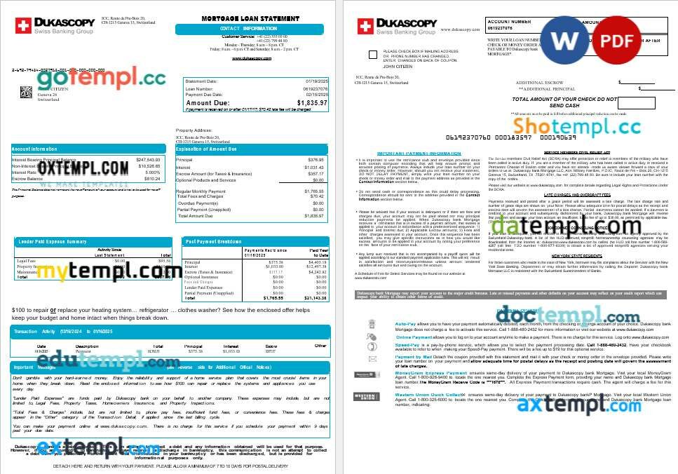 Switzerland Dukascopy bank mortgage loan statement in Word and PDF formats, 8 pages
