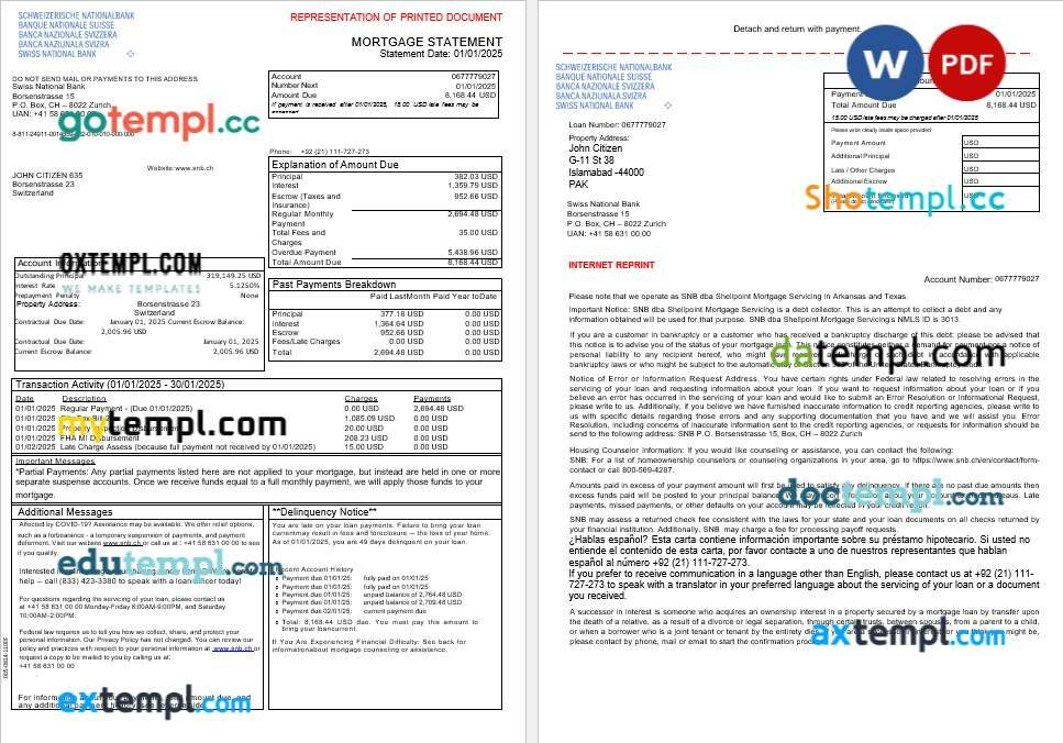 Switzerland Swiss National Bank SNB mortgage statement in Word and PDF formats, 3 pages