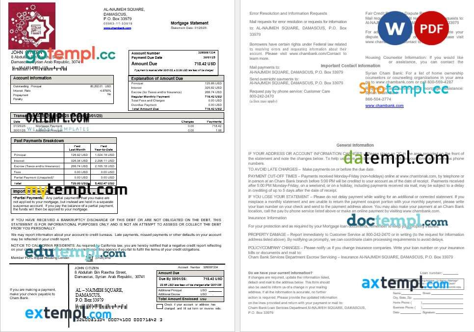 Syrian Cham Bank mortgage statement in Word and PDF formats